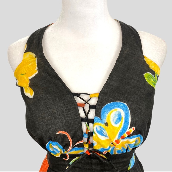 Vintage Black + Multicolor Floral Butterfly Halter Maxi Dress - Picture 2 of 8